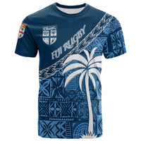 Navy rugby T-shirt with custom tapa palm tree pattern and Fiji shield front
