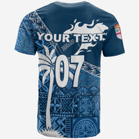 Back of navy rugby T-shirt with 'YOUR TEXT', 07, and tapa palm print