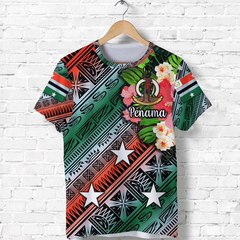 Green Penama graphic T-shirt with floral accents and tribal pattern, front view