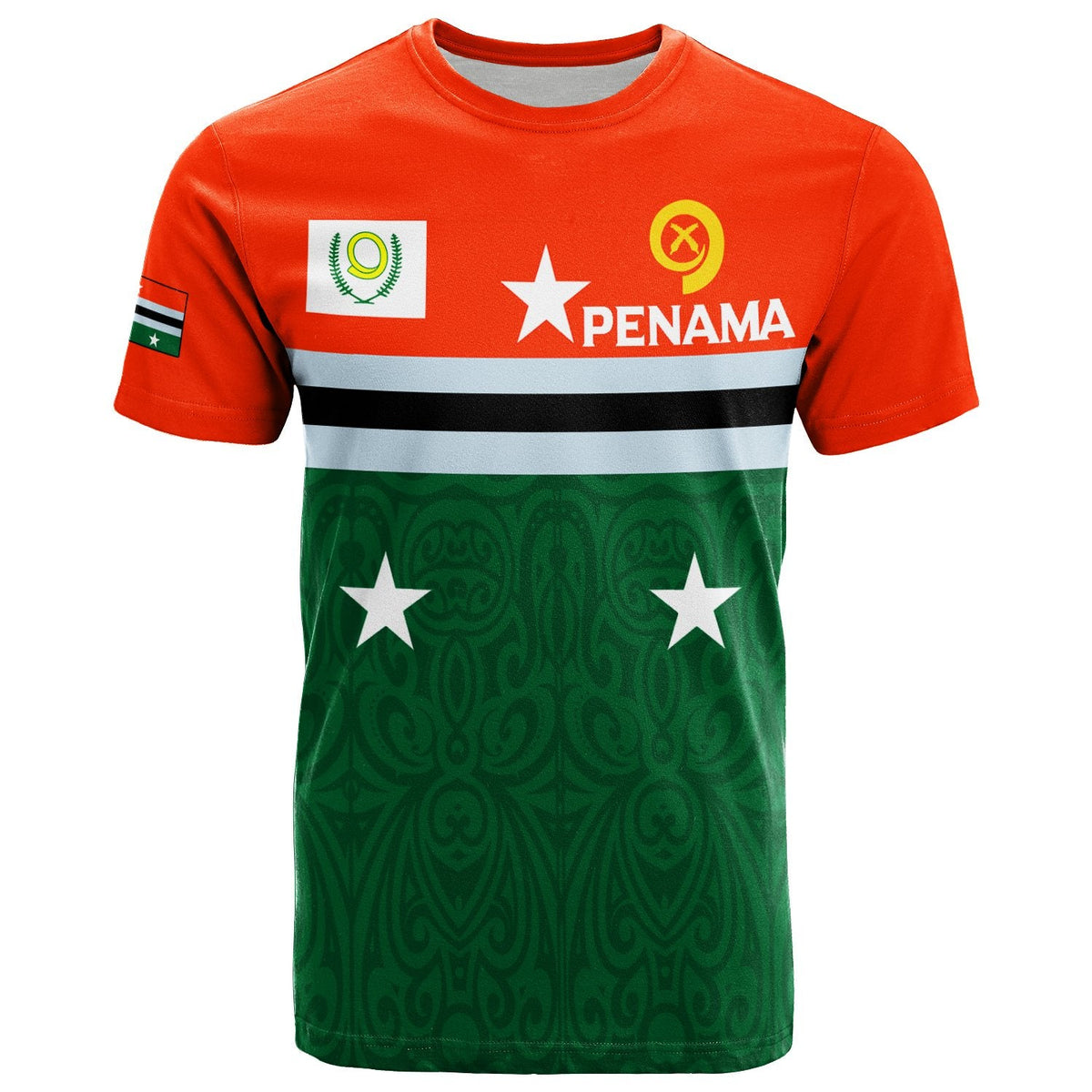 Orange and green Penama province T-shirt with flag-style graphic and stars on front
