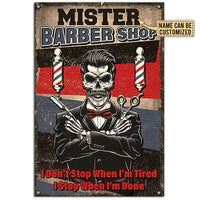 Vertical barber shop stop poster with skull barber and scissors, red blue stripe background