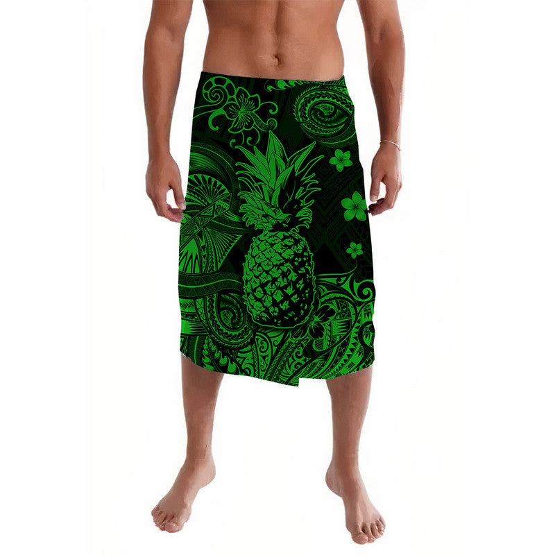 Green Polynesian lavalava sarong skirt with black base and tropical leaf print