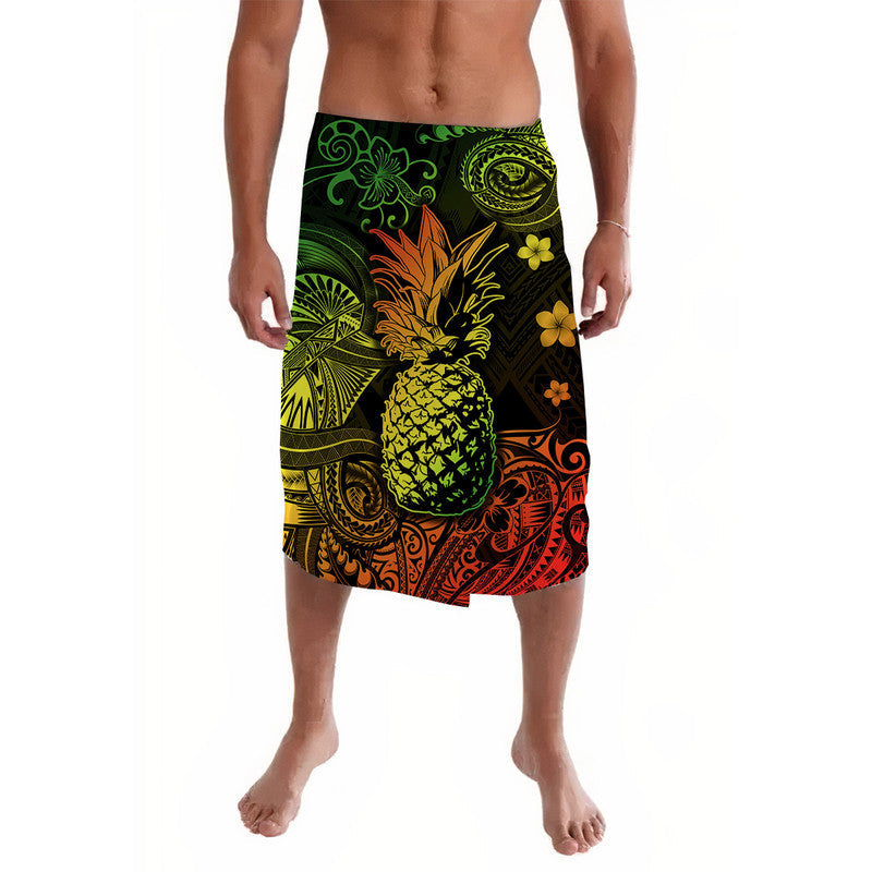 Polynesian lavalava wrap skirt with dark green, yellow, orange pineapple and floral print