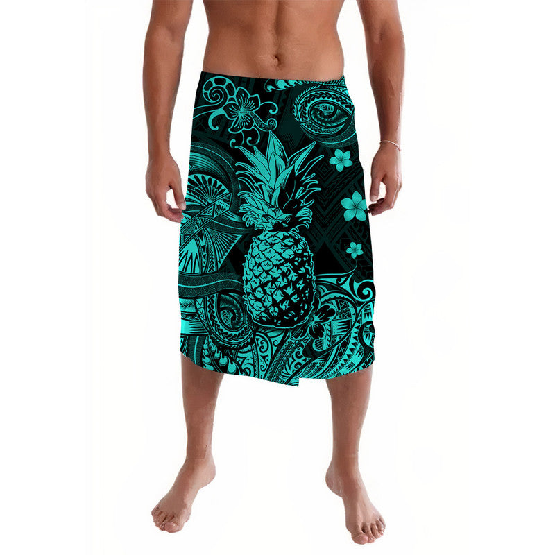 Turquoise polynesian print lavalava skirt with pineapple, palm and floral motifs