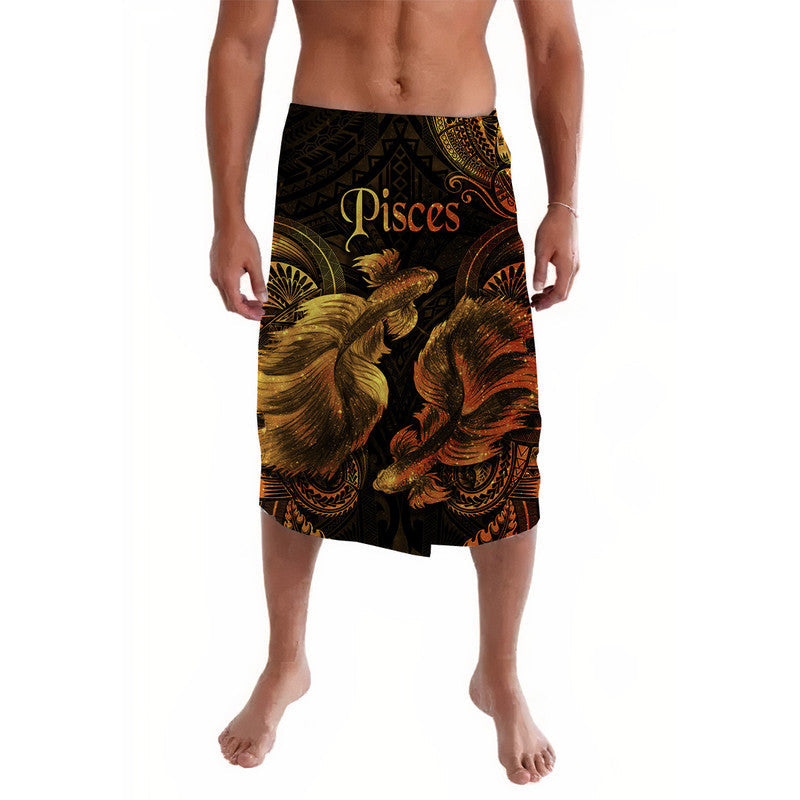 Pisces zodiac lavalava skirt, black with gold bird and swirl print