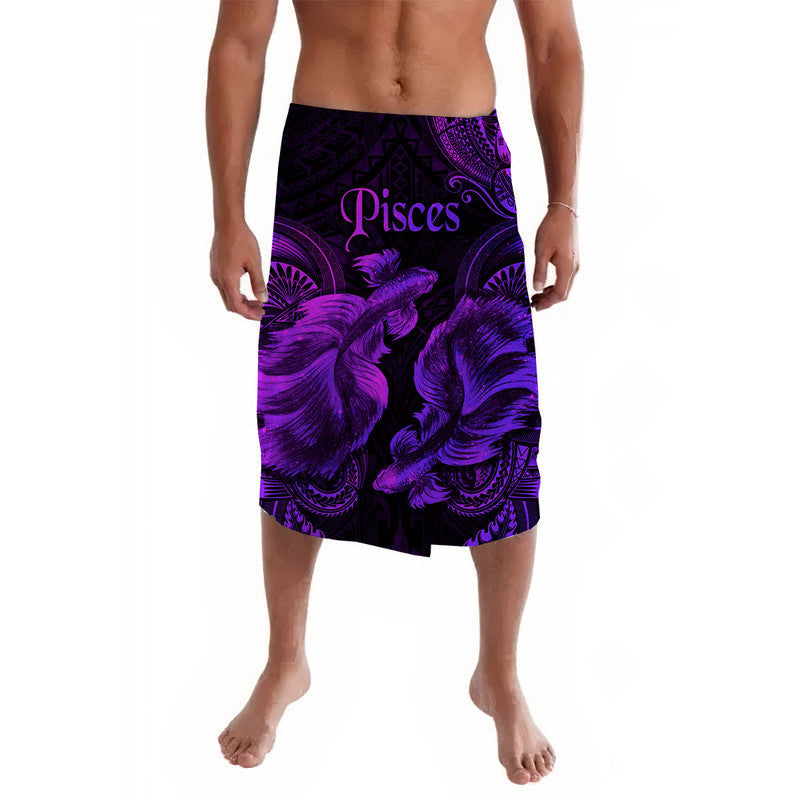 Purple Pisces patterned lavalava wrap skirt with bold floral and wave designs