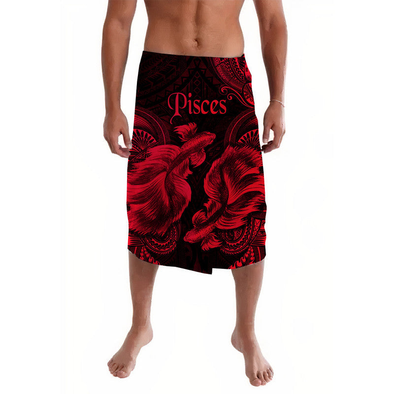 Red and black Pisces print lavalava skirt with ocean fan and fish motifs