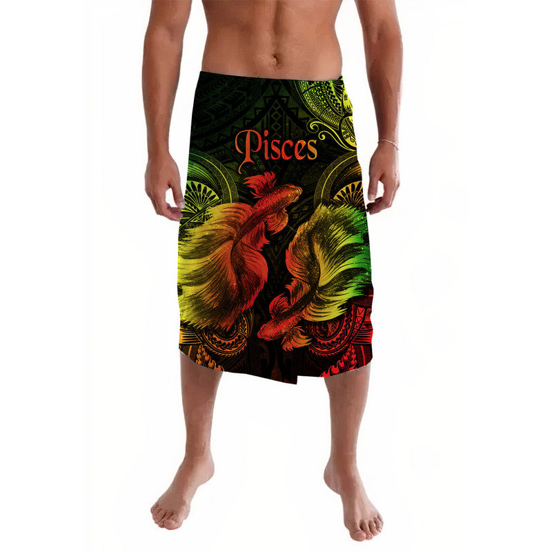 Men's Pisces lavalava with black base and bright red, yellow, green tropical print