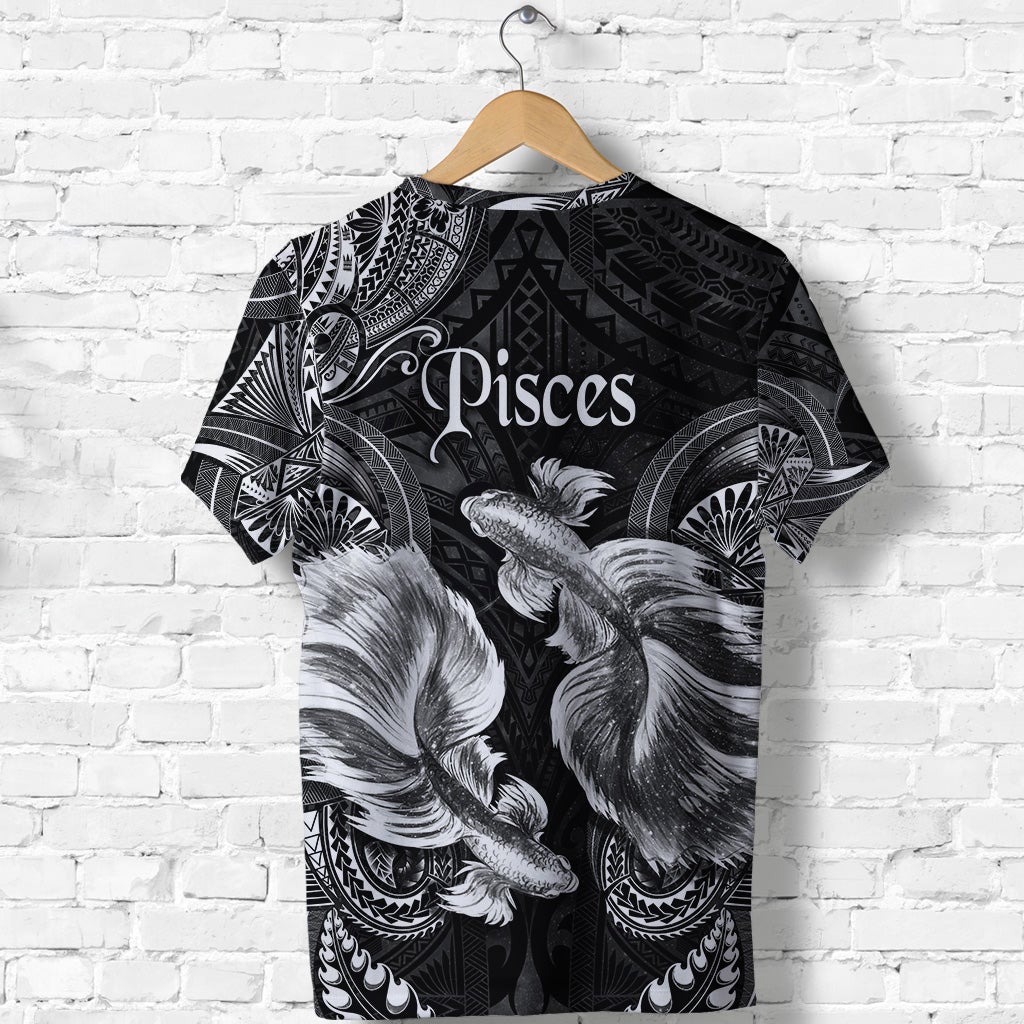 Black Pisces T-shirt with white tribal fish and feather patterns, back view