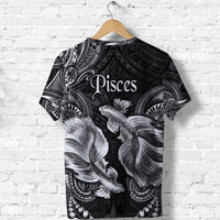 Black Pisces T-shirt with white tribal fish and feather patterns, back view