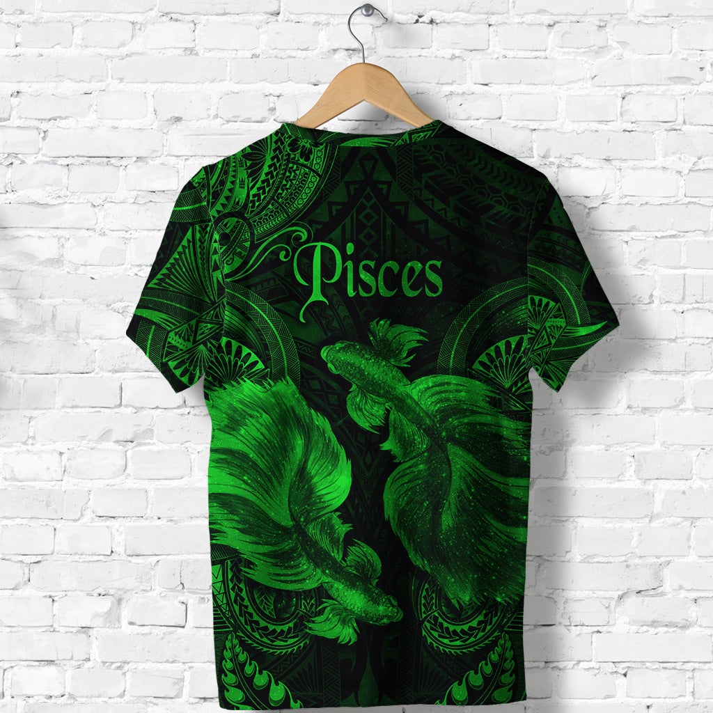 Green Pisces T-shirt with dark base, 'Pisces' text and neon-green sea-creature tribal patterns