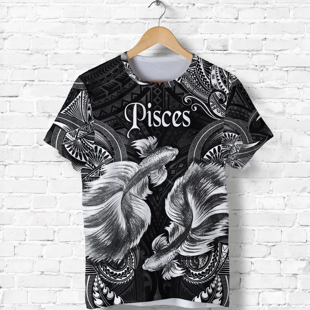 Black Pisces T-shirt with white tribal fish and feather patterns, front view