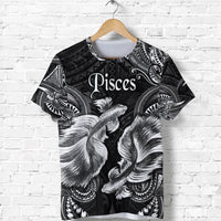 Black Pisces T-shirt with white tribal fish and feather patterns, front view