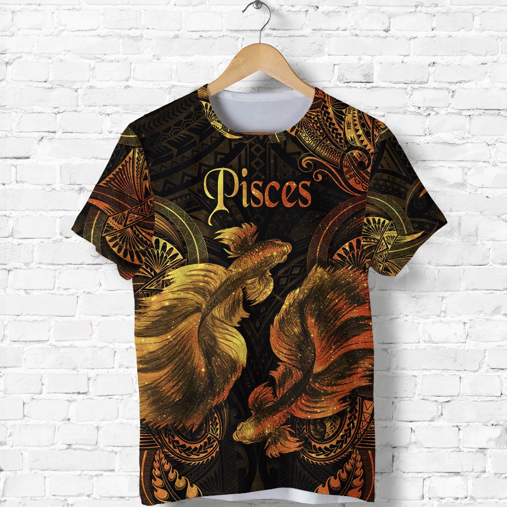 Pisces zodiac T-shirt: black with gold koi fish and Polynesian tribal pattern