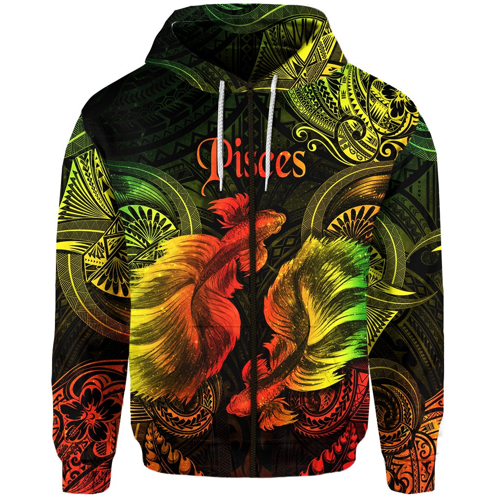 Custom Pisces Zodiac Polynesian Zip Hoodie Unique Style Reggae LT8 - Wonder Print Shop