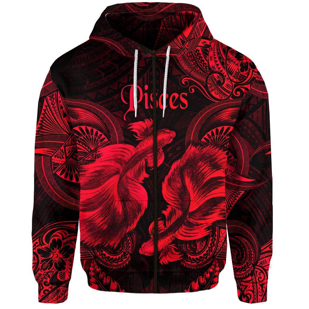 Custom Pisces Zodiac Polynesian Zip Hoodie Unique Style Red LT8 - Wonder Print Shop