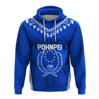 Blue pullover hoodie, front view: Pohnpei wordmark and face crest under heart