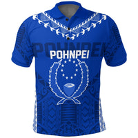Blue polo shirt with collar, Pohnpei graphic and patterned heart on front