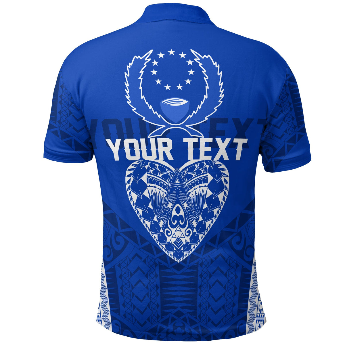 Blue polo shirt back print with heart graphic, stars and 'YOUR TEXT' banner