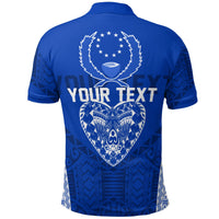 Blue polo shirt back print with heart graphic, stars and 'YOUR TEXT' banner