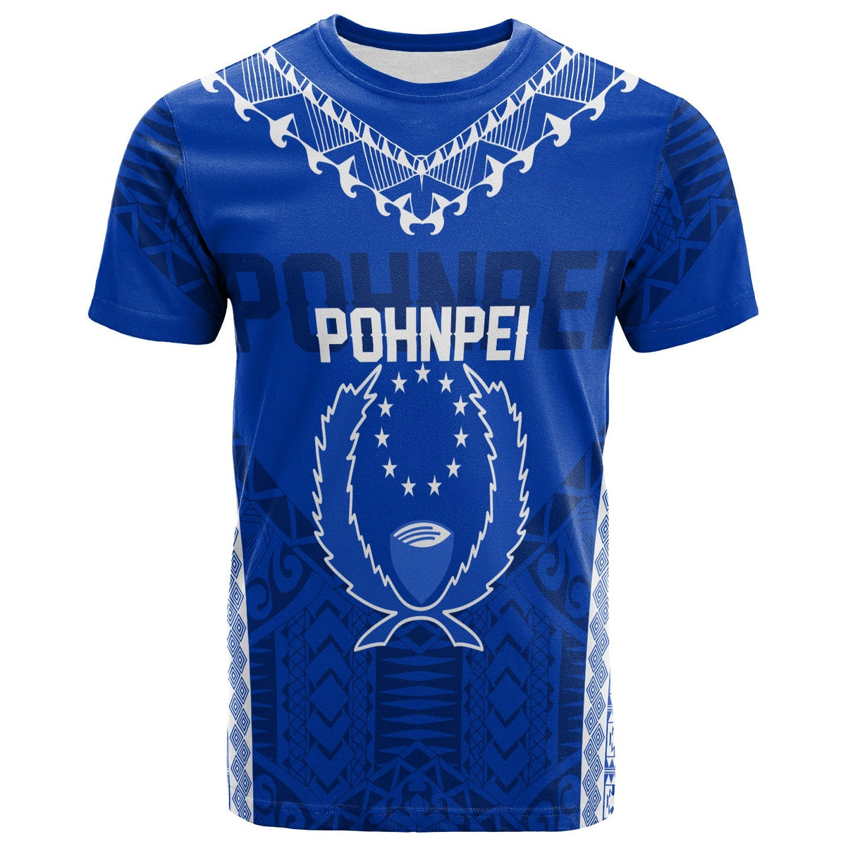 Blue T-shirt with Pohnpei heart graphic and tribal pattern, crew neck