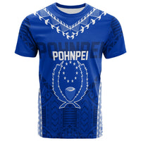 Blue T-shirt with Pohnpei heart graphic and tribal pattern, crew neck