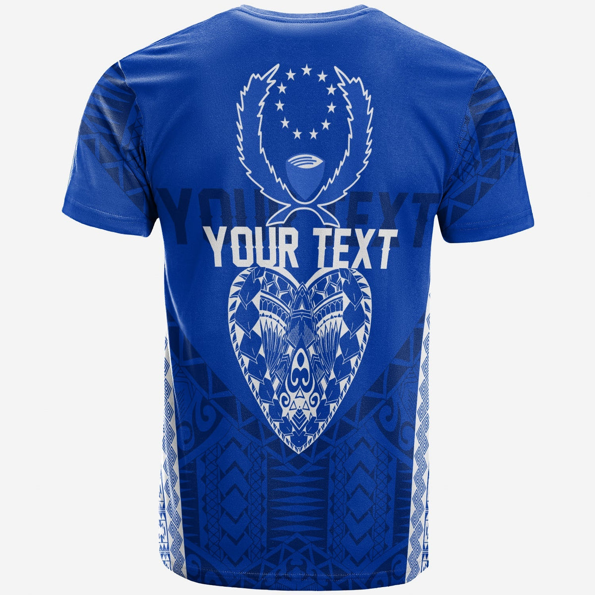 Blue T-shirt back with Pohnpei heart graphic and your text placeholder