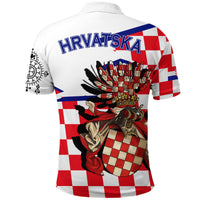 Back of white polo: HRVATSKA text with checkered knight graphic