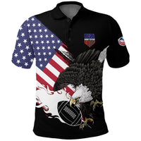 Black USA rugby sevens polo with eagle crest and stars-stripes front graphic