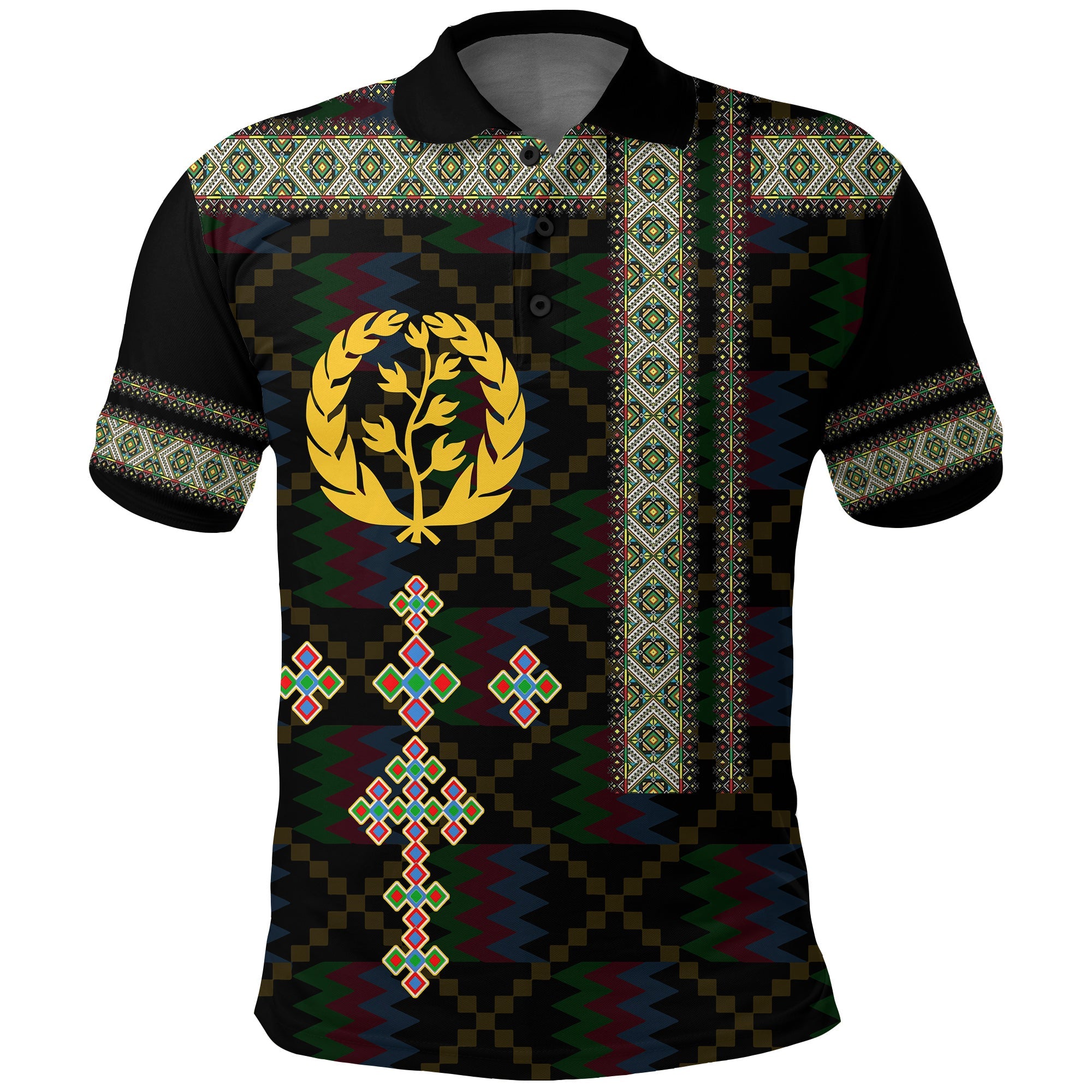 Eritrea Tilet Pattern Polo Shirt Eritrean Cross Black - Wonder Print Shop