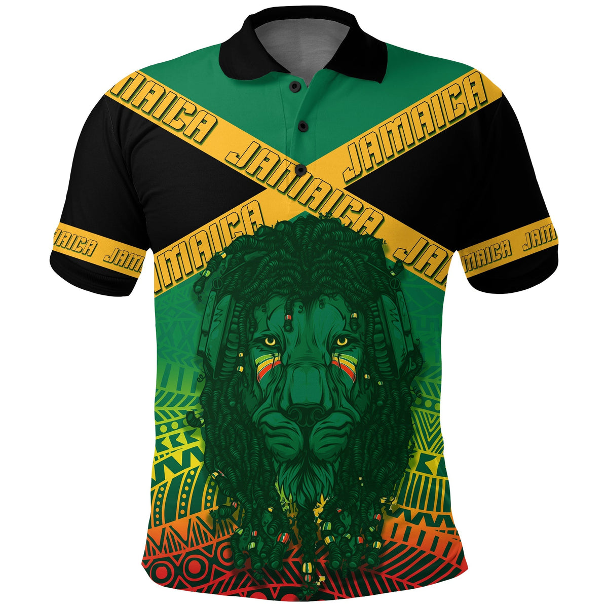 Green polo shirt with black collar, diagonal Kente-style bands, and detailed lion front graphic