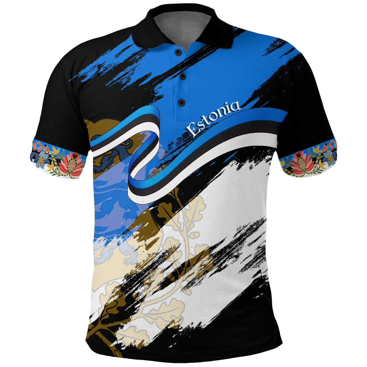 Estonia grunge polo shirt with black collar and blue front graphic, Eesti text