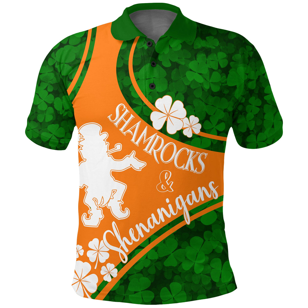 Green polo shirt with orange diagonal stripe, shamrocks and 'Shamrocks & Shenanigans' print
