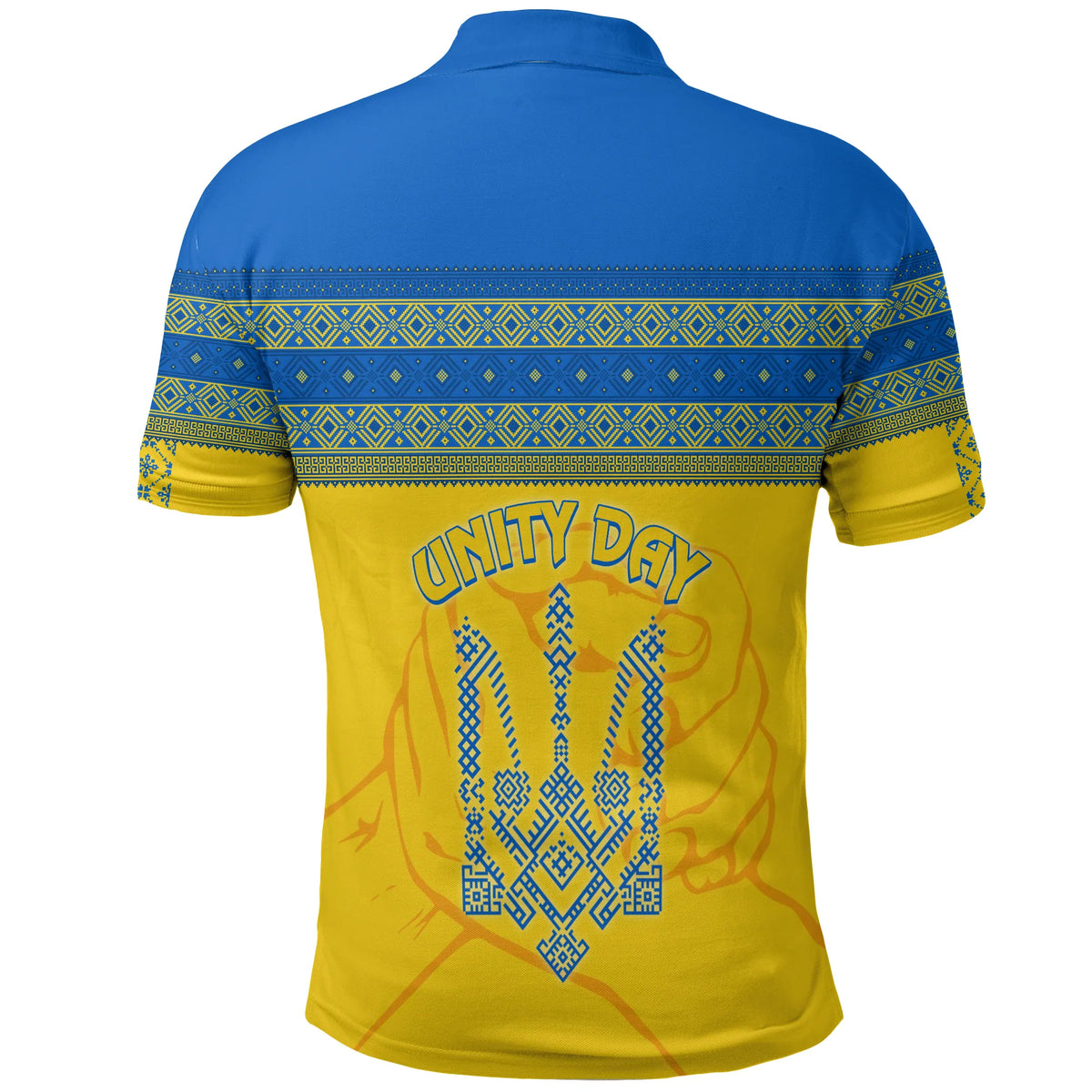 Back of yellow folk polo shirt with UNITY DAY print and blue patterned yoke