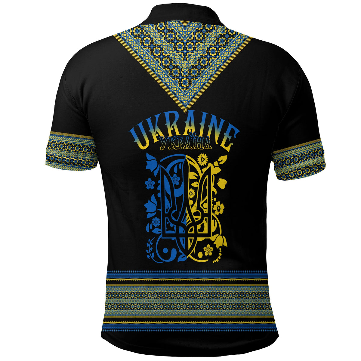 Black polo shirt with back folk print, U-shaped lettering and trident, striped trim