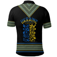 Black polo shirt with back folk print, U-shaped lettering and trident, striped trim