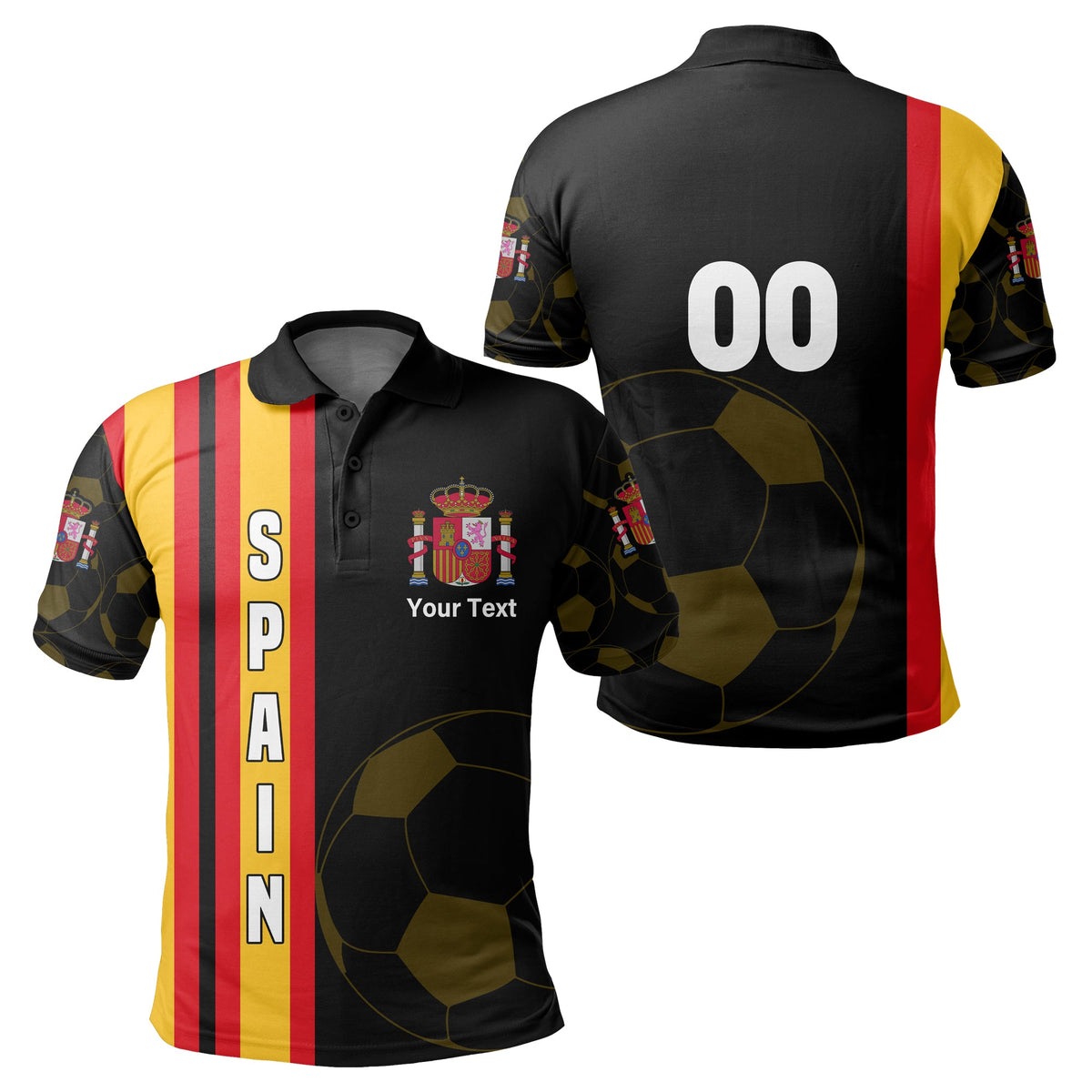 Black Spain-style football polo, front with crest, “Your Text”, red-yellow side stripes