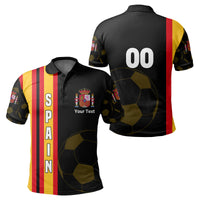 Black Spain-style football polo, front with crest, “Your Text”, red-yellow side stripes