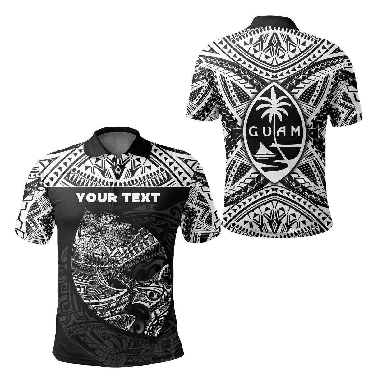 Black rugby polo with Polynesian print, palm/marine graphics, 'YOUR TEXT'