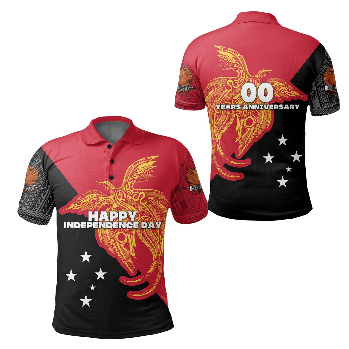 Schwarzes Polohemd mit Papua-Neuguinea Flaggenmotiv und „Happy Independence Day“