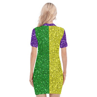 Back view color-block sequin polo dress with purple sleeves and green/yellow vertical panels