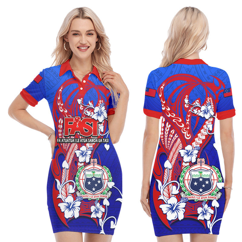 Blue polo dress with red trim and tribal hibiscus print, front buttons and FAST graphic