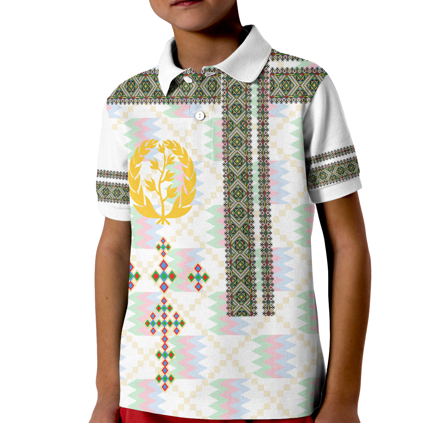 Eritrea Tilet Pattern Polo Shirt for Kid Eritrean Cross White - Wonder Print Shop