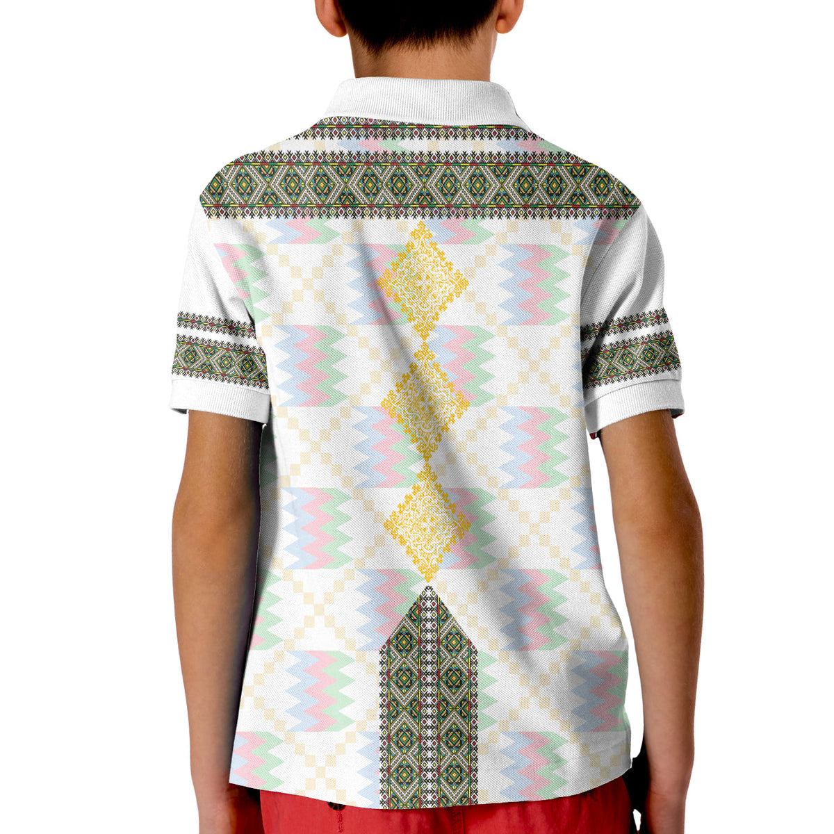 Kids white polo shirt back with vertical cross and green geometric stripe design