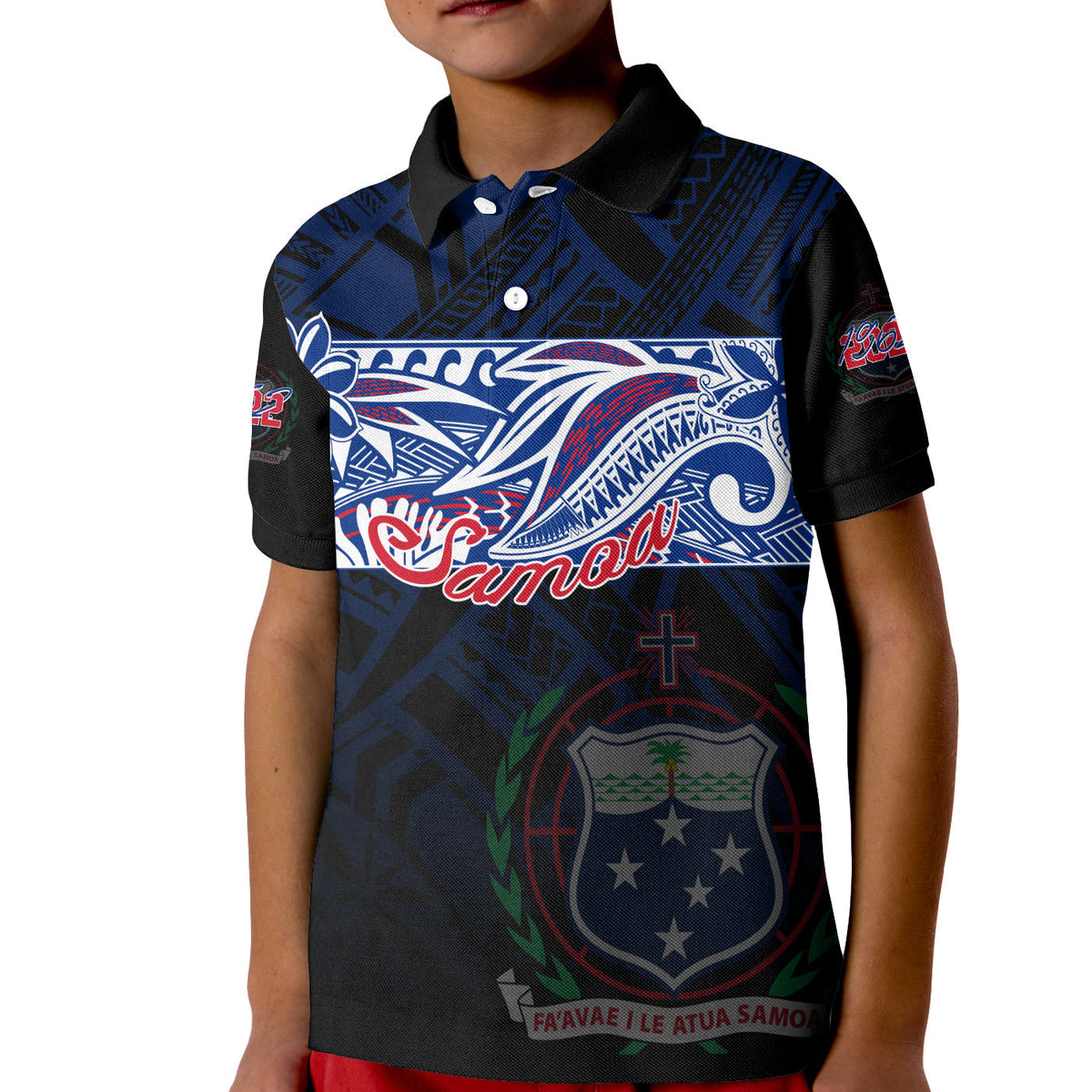 Black kid polo shirt with blue 'Samoa' banner and Independence shield graphic