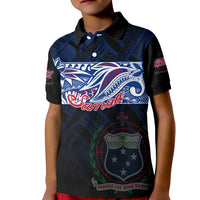 Black kid polo shirt with blue 'Samoa' banner and Independence shield graphic
