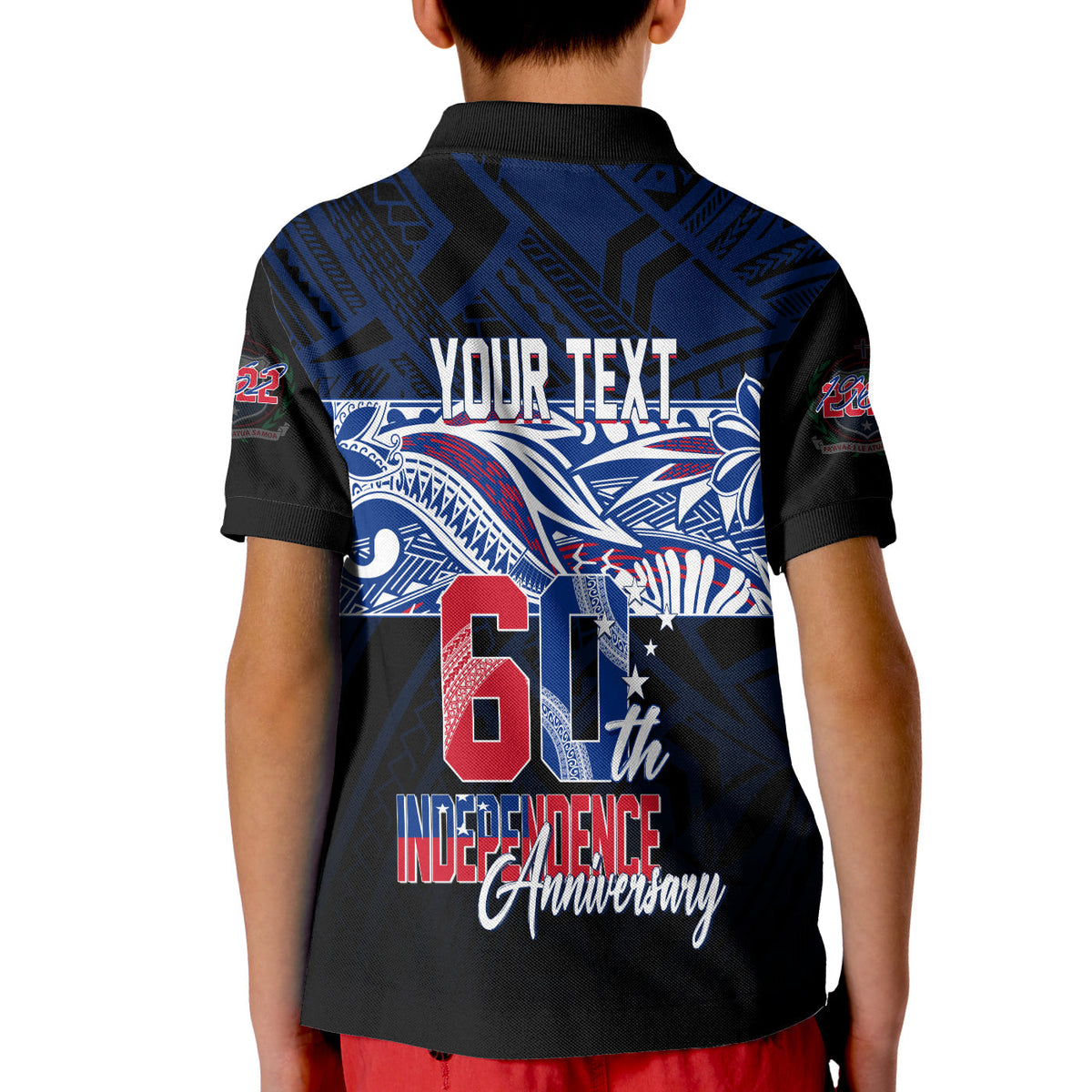 Black kid polo shirt back view with 'YOUR TEXT' and '6th Independence Anniversary' text