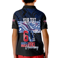 Black kid polo shirt back view with 'YOUR TEXT' and '6th Independence Anniversary' text