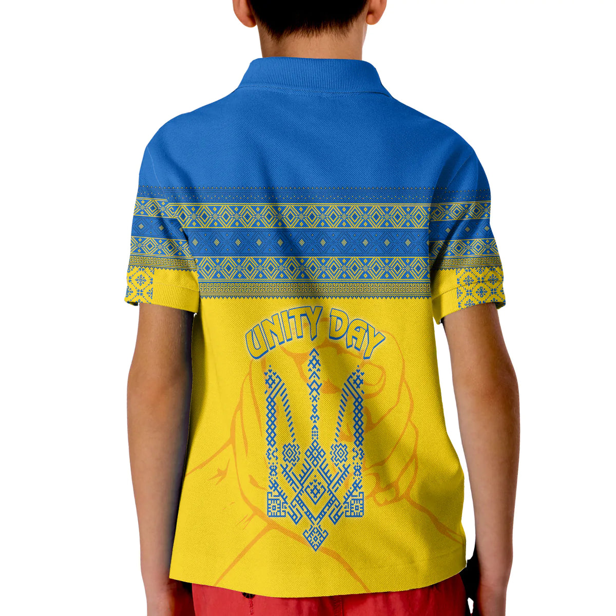 Kids polo shirt back view: blue collar, yellow with Unity Day text and trident print