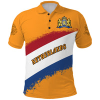 Netherlands football flag polo shirt, orange with crest and tri-color diagonal panel